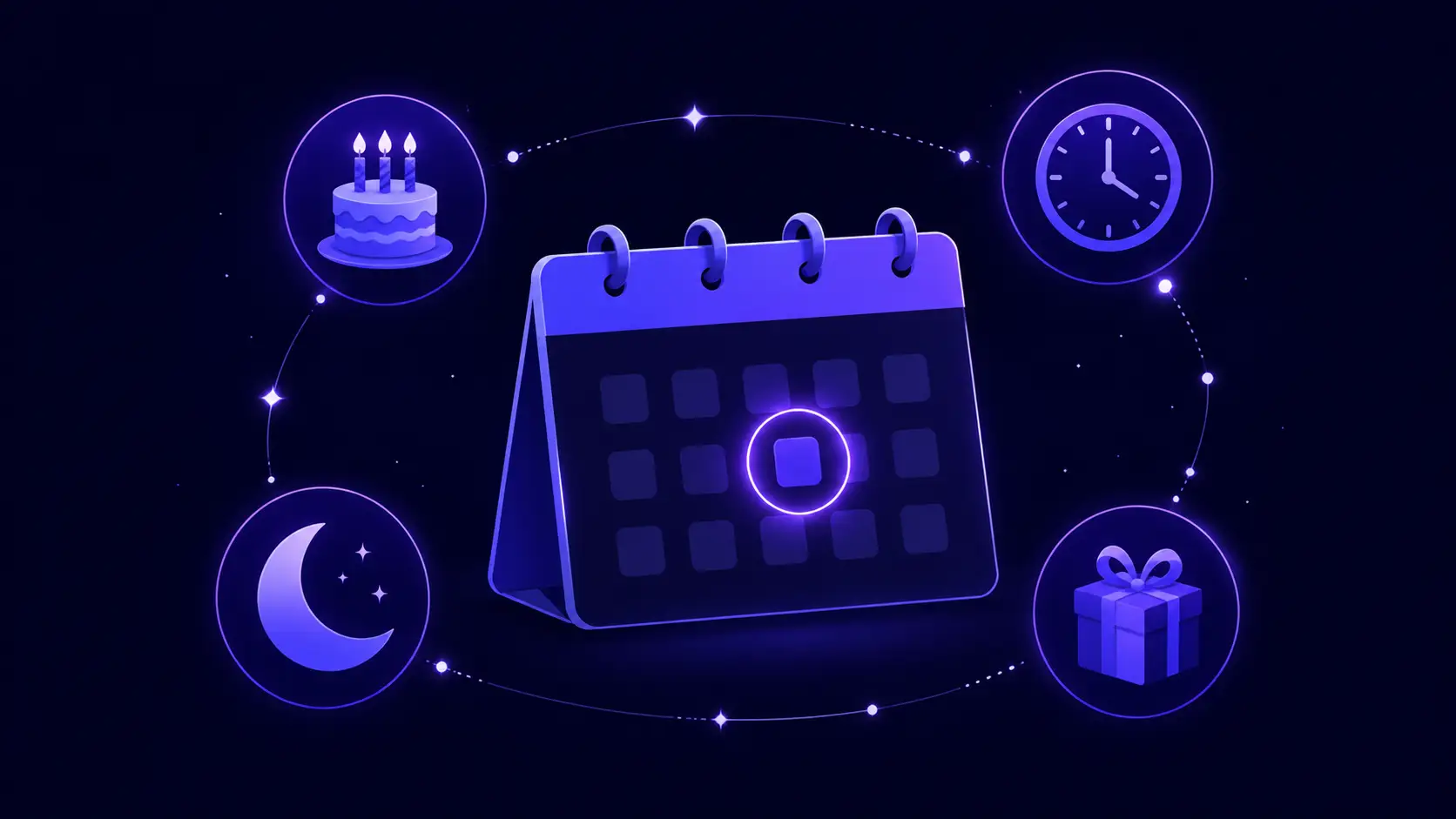 Birthday calculator showing a date of birth on a calendar surrounded by a birthday cake, clock, moon phase, and gift icons